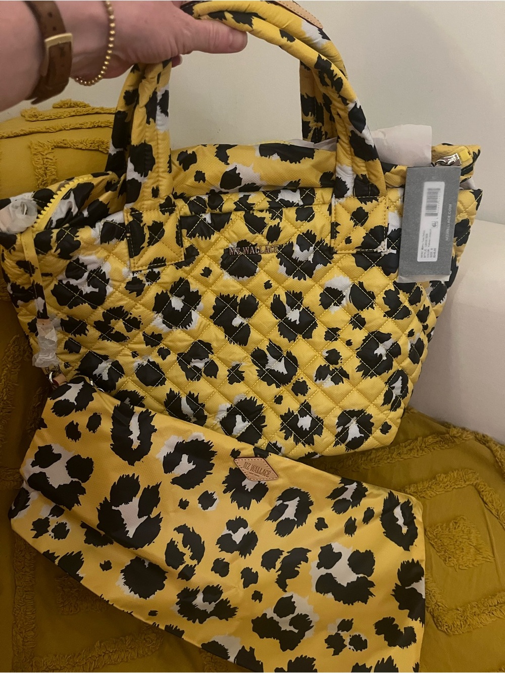MZ Wallace Yellow Quilted Leopard-Print Tote Bag with Shoulder Strap - Picture 5 of 12
